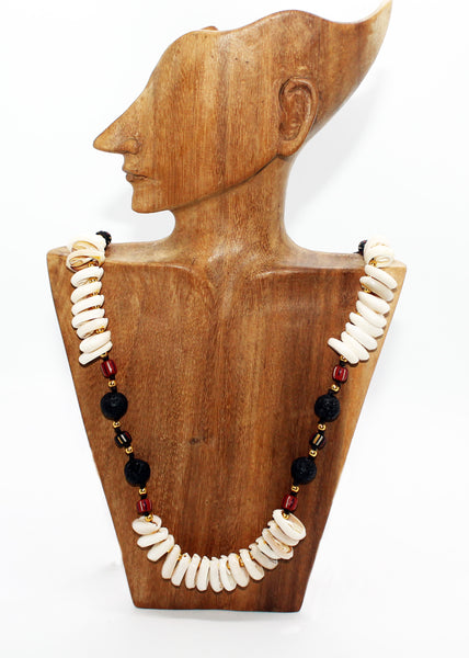 Necklace from Wood Beads, Shell and Lava Stone