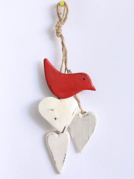 Hanging Heart and Bird Red bird, white heart